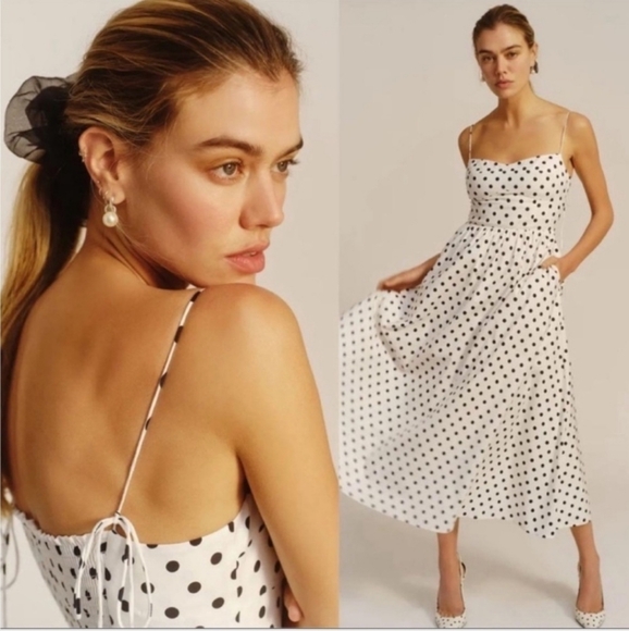 Reformation Vinny White Polka Dot Sweetheart Neck Midi Dress Size 6 NWT - Picture 2 of 10